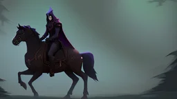 Dark robed wizard on a horse in the forest