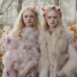 Elle fanning and dakota fanning , as flowers, in fur