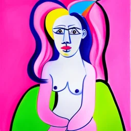 Retrato de una niña muy guapa llamada Eira Santiago Arnau montando un unicornio rosa con el estilo de Pablo Picasso