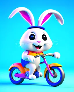 A cute rabbit in the style of Pixar animations, wearing a helmet and riding a bike