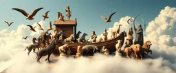 chess board full of animals instead of pieces, clouds under board, noah and the ark, greek pantheon