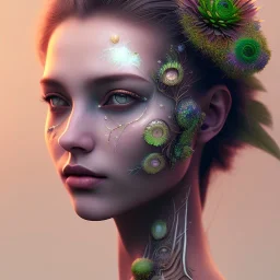 Portrait of beautiful girl, face dept of field,face shining, plant, metal, feathers, Dryad, fae, sidhe, ominous, nature, plants, wildflower sparkle,wildflower 3d view, facepaint, dnd character portrait, intricate, oil on canvas, masterpiece, expert, insanely detailed, 4k resolution, retroanime style, cute big circular reflective eyes, cinematic smooth, intricate detail , soft smooth lighting, soft pastel colors, painted Renaissance style,sharp fucus, bokeh,macro lens, 1500mm lens