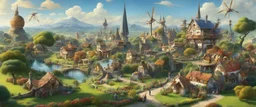A busy surrealist market in a beautiful sunny countryside scene with distant hills & fields, many conjoining intricate characterful dwellings & a clock-house (designed by Esher & Dali) each with Solar Panels or small wind turbine on each roof. Many pathways & walkways, stairways & staircases, bridges, waterfalls & a waterwheel : ultra high detail, photorealistic, epic cinematic, 8K, Large depth of field