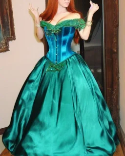 princess with long auburn hair in a big teal green and gold satin ballgown corset off shoulder top casting magic