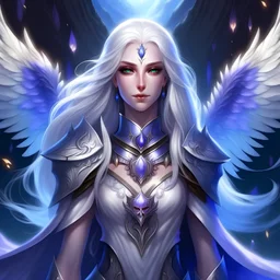 Generate a dungeons and dragons character full body picture of a beautiful female paladin aasimar blessed by the goddess Selune. She has long white hair. She has bright purple eyes. She has some white feathers in the lower part of her long hair. She has a youthful and rounder face. She is in a camp that's lit by moonlight.