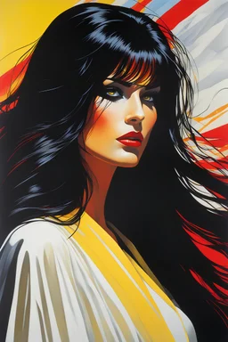 close-up ((head down ((Caroline Munro)) with blind eyes silk fold)) - long floating brown hair ((shattered in many ghostly overprinted faces)) of women and men ((surrounding shadow faces)). Misty Black, red to yellow Dark mood, Oil neon painting Expressionit art ((80's horror poster)), Patrick Nagel, synthwave, Photo realistic.