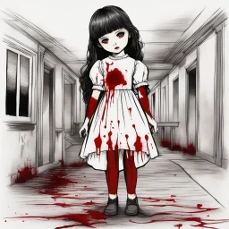 A girl's doll wearing a white dress with red blood bleeding from the back