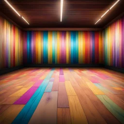 Central Symmetrical View Of A Colorful Wooden Floor & Wooden Wall With Colorful Brush Strokes In An Empty Room With Marquee Light Setup.