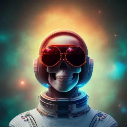 Midjourney style of detailed and intricate skull wearing red sunglasses| wearing cosmonaut suit| portrait and science fiction theme| aurora lighting| nebula and stars| stunning environment| volumetric lighting| vibrant