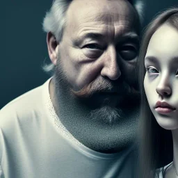 a young woman sitting next to a 50-year-old man with a beard and short hair, portrait, 8K, close-up face, anatomically perfect face, Highly detailed stunning full frame portrait, misty and cloudy atmosphere