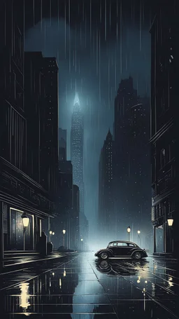 An atmospheric, noir-style illustration of a rainy cityscape at night, featuring glowing streetlights reflecting off the wet pavement, towering Art Deco skyscrapers, and a car evoking a sense of intrigue and timelessness.thin line draw