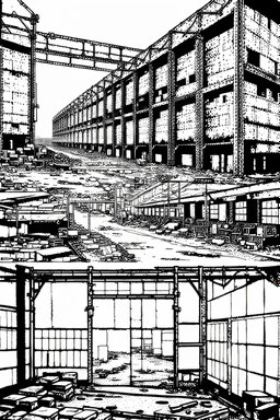 Abandoned industrial warehouses, line arts, manga style