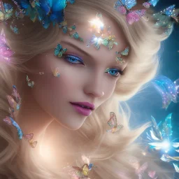 bright fairy, unic beautiful kind portrait, blond hair,blue eyes, flowery luminous pastel colors, butterfly