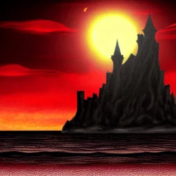 dnd, fantasy, black castle, black sand, illustration, demonic, brutalist, blood-red sky, -sun