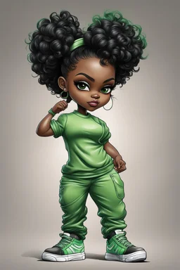 Create an airbrush image of a curvy chibi cartoon black female wearing a light green jogger set and black sneakers. Prominent make up with hazel eyes. Extremely highly detailed of messing curly bun