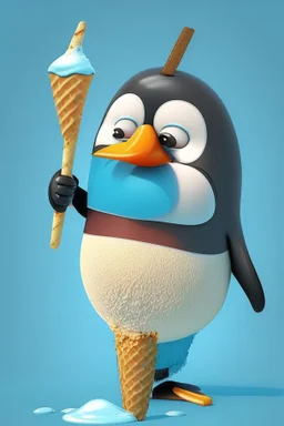 Cartoon character penguin eating ice cream lolly stick