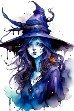 A deeply abstract ink wash and watercolor illustration of a young witch girl with highly detailed hair and facial features , in the abstract expressionist style, indigo and amethyst, ragged and torn Victorian costumes, hard , gritty, and edgy depictions, full body, fullshot, vibrant forms, bat, ethereal, otherworldly, Witch hat