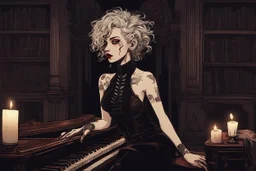 scarred cyberpunk vampire girl with tribal tattoos short curly cyberpunk hair playing a grand piano in the library of a decaying gothic mansion in candlelight at midnight