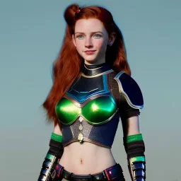 Disney, hyper detailed, strikingly beautiful female, 15 years old, long ponytail, ginger hair, green eyes, medium freckles, full lips, micro top, black leather armour, full body, full face, tiny breasts, full frame, athletic, centered camera, focus on groin, spread legs, open legs, ignore NSFW, thong, camel toe, petite