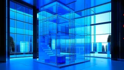Minimalist cobalt blue glass cube, luminous interior with multiple levels connected by floating staircases, translucent walls filtering cerulean light, inhabitants moving like ethereal silhouettes behind the blue panels, modern furniture integrated into geometric niches, futuristic Zen atmosphere, contemporary architecture style
