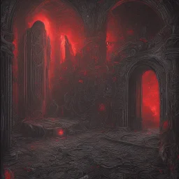 Gates of hell, Huge Door slightly opened, path of pain and suffering, walls made of skeletons, scream, Red and Black color dominating