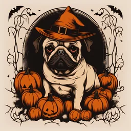 vintage halloween illustration vector T-shirt of a pugdog HAPPY HALLOWEEN no background