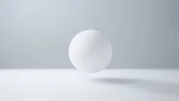 Create an image featuring a lone, pure geometric figure, like a smooth, white sphere, floating purposefully in an infinite, minimalist space. The background should be composed of a seamless, gradient transitioning from soft white to a very light grey, emphasizing the vast emptiness and the sense of infinity. The sphere should cast a subtle, soft shadow that gently fades into the background, enhancing the spatial depth and minimal aesthetic. The overall atmosphere should evoke tranquility, simpli