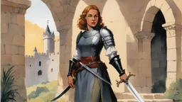 illustration of Joan of Arc with a agent provocateur linen dress with a zweihander sword in the castle for Osprey Publishing’s by Angus McBride