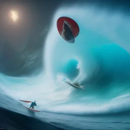 Santa standing of surfboard surfing a big wave, empty hands, beach, character design by cory loftis, fenghua zhong, ryohei hase, ismail inceoglu and ruan jia. unreal engine 5, artistic lighting, highly detailed, photorealistic, fantasy