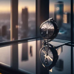 very close up of a big wrist watch stands on table in balcony skyscraper camera looks at modern city environment reflected image , watch glass is dark mirror,centered.