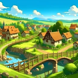 paisaje de un pueblo pequeño europeo en un dia soleado, con muchas casas, muchos arboles plantas, con vacas y caballos con un puente de madera y un rio cruzando debajo