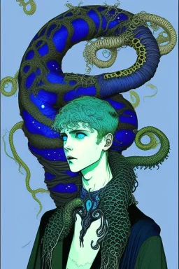 16 year old boy warlock with milky blue eyes, and 1 lamprey tentacle growing out of his belly. in the style of Harry Clarke