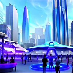 A group of people gather in a futuristic plaza, surrounded by towering skyscrapers and holographic advertisements. The plaza is filled with blue and purple light, and flying vehicles can be seen in the background.