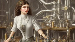 woman with dark wavy hair, with detailed metallic legs and arms, dressed like a Victorian, in a laboratory full of small machines