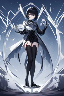 Anime girl with short black hair and sharp green eyes, holding a pike, full body black and white metal plate armour, full body shot, Dramatic lighting,1woman, soaked in blood, standing pose, close shot, lean body,