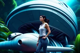 photorealistic slim woman with dark hair and white boots in a heroic pose in front of a fat wide spaceship in the jungle