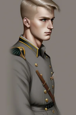 German male soldier, grey uniform, Blond hair, portrait