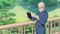 confused older man using cellphone on his porch shooing off the many ducks