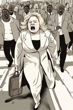 an obese terrified blonde white woman crying and sobbing in a pant suit desperately running away from an angry mob of thousands of all black people chase her down a city street