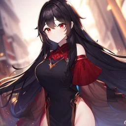 Clear focus, high resolution, black long fluffy hair, red eyes, wearing a cute outfit