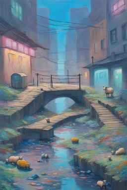 painting of a cyberpunk colourful natural walkway rubbish on the street in the city with pollution and a small bridge by a creek with electric sheep and androids by monet