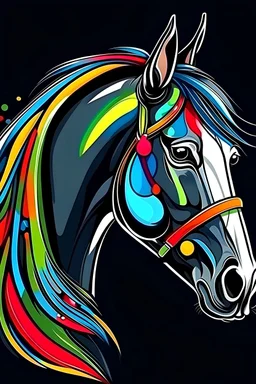 Acrtoon 2d art illustration . Colourful horse wears a black glass