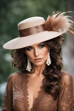 full body beautiful girl, elegant brown lace clothes of the 80s, luxury style, small elegant hat with feather, hair of the 80s, pearl necklace, earrings masterful, beautiful face