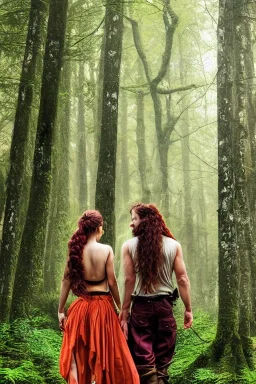 Deux personnes marchent dans magnifique forêt fantaisie décor mystique, Jeune homme grand musclé cheveux très longs bruns bouclés en queue de cheval, habillé en bûcheron, jeune femme petite fine magnifique cheveux longs roux, couleurs vibrantes, hyper réaliste