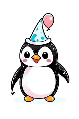 Picture of a cartoon cute happy birthday penguin holding a balloon with a birthday hat on