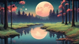 a 16 bit color, beautiful, serene forest scenery, trees, moon, stream, grass, reflection, evening time.