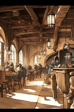 Lots of People sitting around tables in a medieval tavern with a stone floor, add people to the chairs