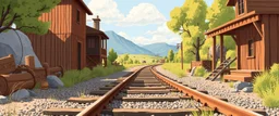 old western railroad track, childrens book illustration