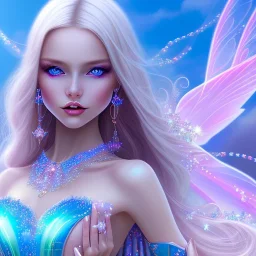  beautiful, soft, whide smile face,whole head,see full head, long blonde straight hair, blue eyes, fairy wings on the back, transparent crystal blue and pink clothes, background blue and pink, big definition, 8K