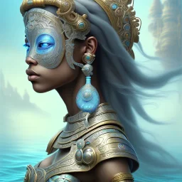 Sango fantasy, fantasy magic, intricate, sharp focus, illustration, highly detailed, digital painting, concept art, matte, art germ and Paul Lewin and Kehinde Wiley, masterpiece Aztec princess dancer head bronze feather's' Asian African girl nice breast Thai hair turquoise silver blue under water